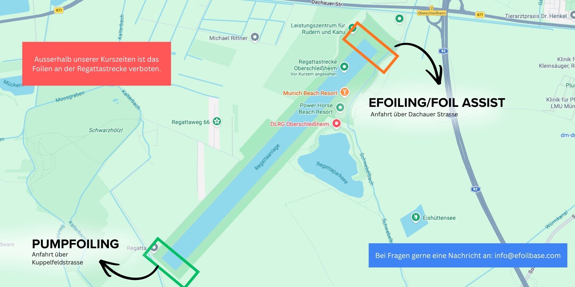 Karte der Regattastrecke München mit den Zugängen für Efoiling, Foil Assist und Pumpfoiling